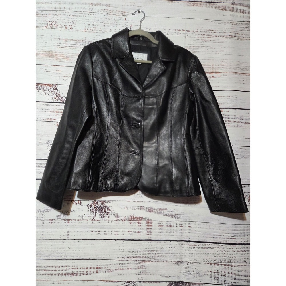 Wilsons Leather Maxima Black Genuine Leather 3 Button Blazer Jacket Womens Large